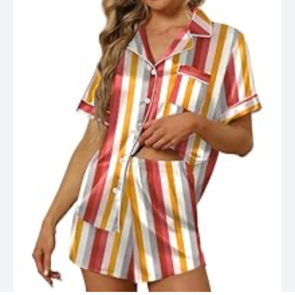 Striped Satin Pajama Set - Multicolor NEW